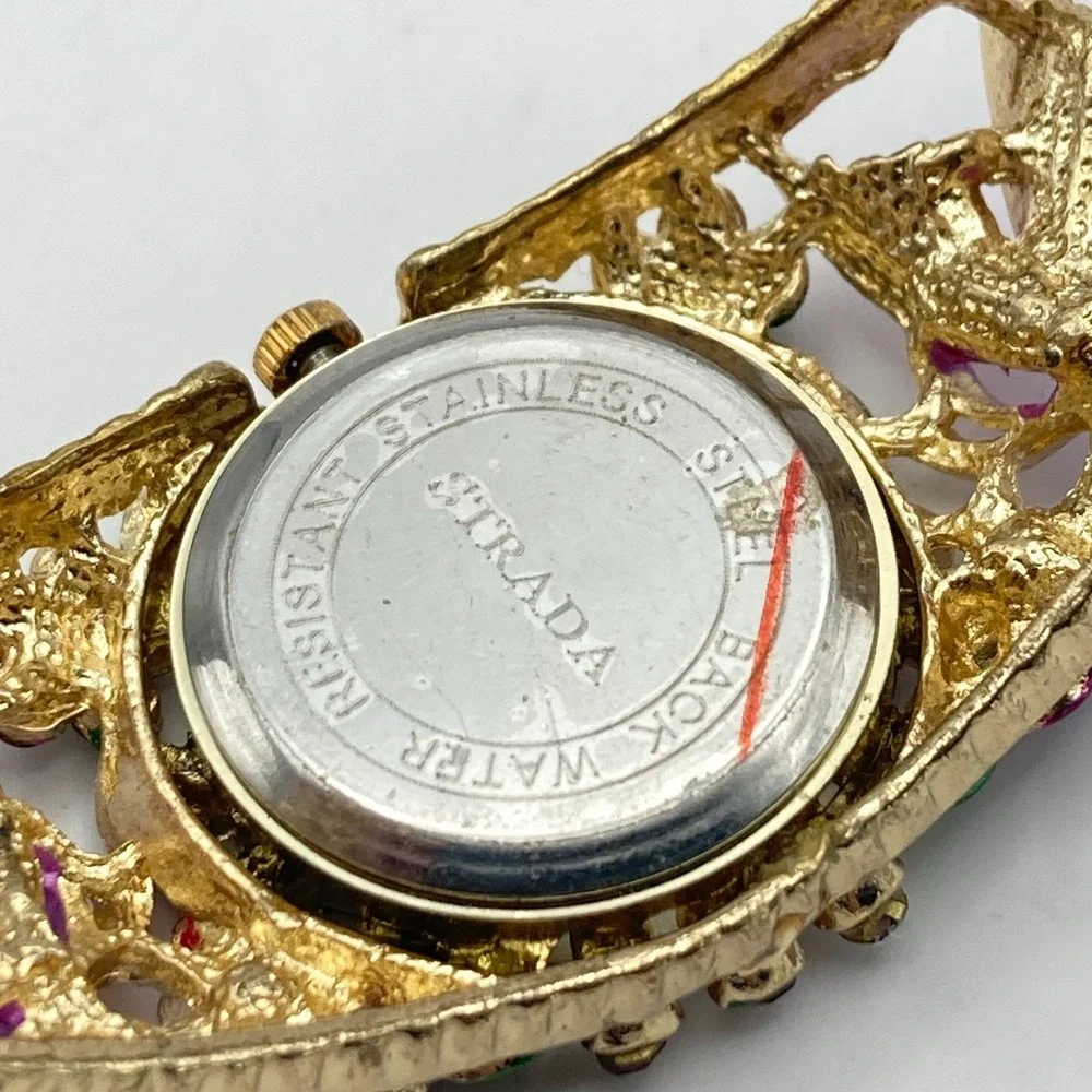 Strada Womens Watch Gold Tone Purple Floral Crystals Cuff 26mm New Battery 6.75